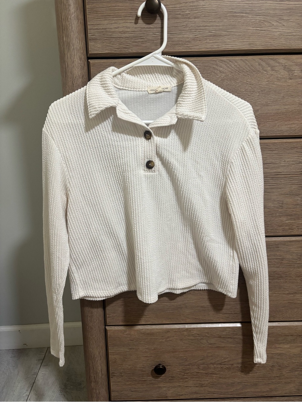 Moa Moa Cream Waffle Knit Long-Sleeve Polo